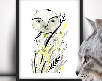 Original Cat Illustration, Cat Lover, Whimsical Art, Cat Painting, Cat Art, Original Art, Nursery Decor
