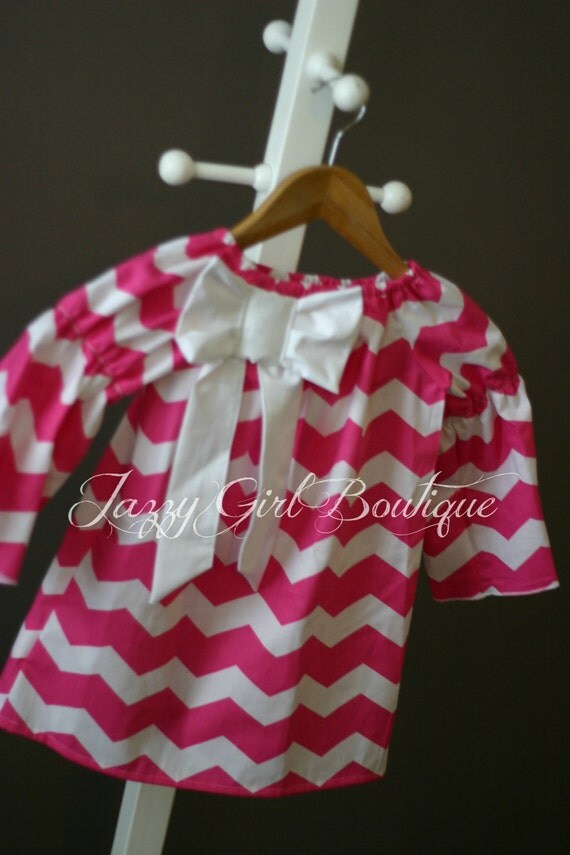 Girls Pink Chevron Peasant Dress with White Bow Accent Sizes