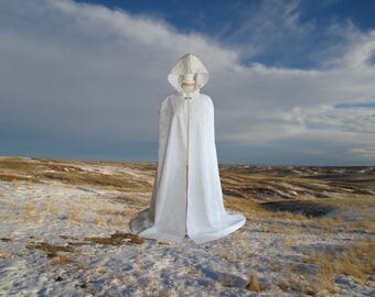 Ivory Beaded Bridal Satin Cape Cloak Hooded Wedding Renaissance Medieval