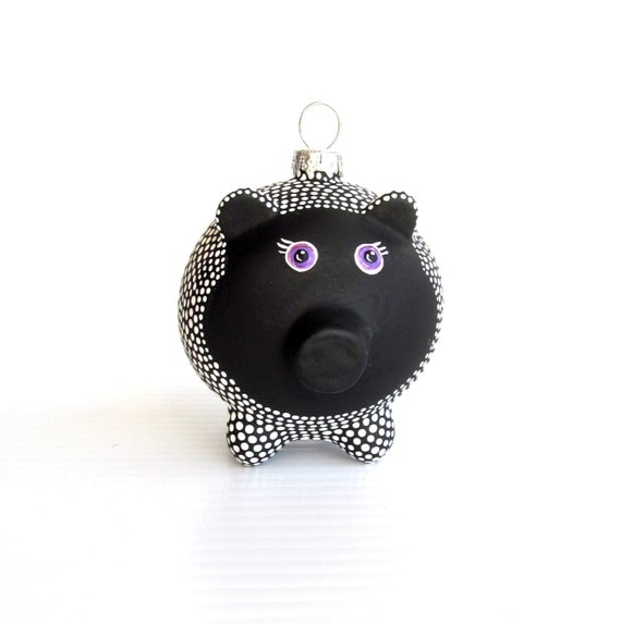 Piggy Ornament: Hand painted Glass Piggy ornament Black and White Piggy