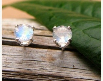 Blue Moonstone Stud Earrings in Gold, Silver, or Platinum with Genuine Gems, 4mm - Free Gift Wrapping