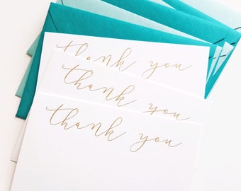 Gold Foil Wedding Thank You Note Cards - Calligraphy Script Gold Hot Foil Stamped on White Card Stock with White or Colored Envelopes
