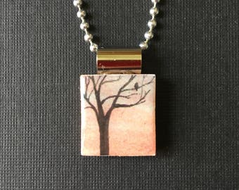 Watercolor tree handmade jewelry, recycled scrabble tile necklace, sunset tree pendant, handmade necklace, tree on scrabble tile pendant