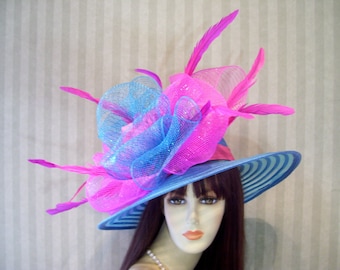 Kentucky Derby Hat, Wedding Hat, Turquoise Hat, Church Hat, Pink FeaTherS, Preakness, Ascot Hat, Downton Abbey Hat By Ms.Purdy