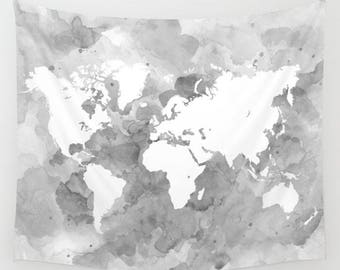 Wall Tapestry Wall Hanging Sofa Throw Design 49 World map white gray grayscale Home Decor art L.Dumas