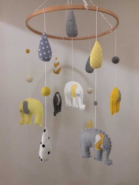 Yellow & Grey Felt Elephant Crib/Nursery Mobile by fairlyamy
