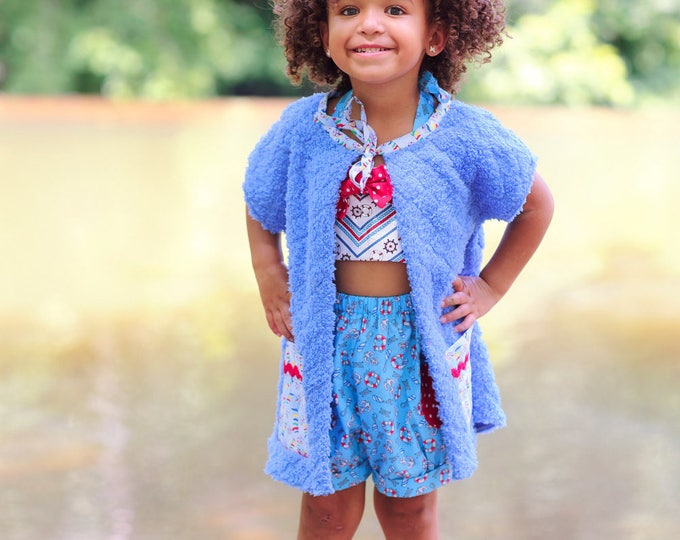 Little Girls Outfit - 4th of July - Toddler Swimsuit - Beach Birthday - Bubble Shorts Set - Halter Top - Swim Suit Cover Up - 2t to 8 years