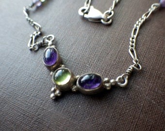 Vintage Peridot Amethyst Necklace - Sterling Silver