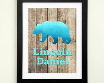 Baby boy nursery wall art woodlands nursery rustic nursery teal blue boy room decor bear nursery personalized baby gift for baby