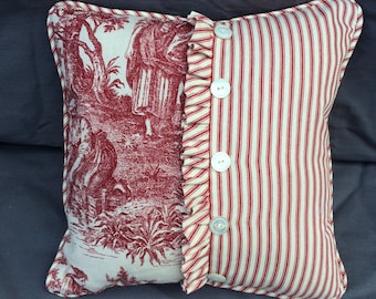 Cottage Chic Red Toile Decorative Pillow with Vintage lace, Vintage buttons with and Red Ticking Back