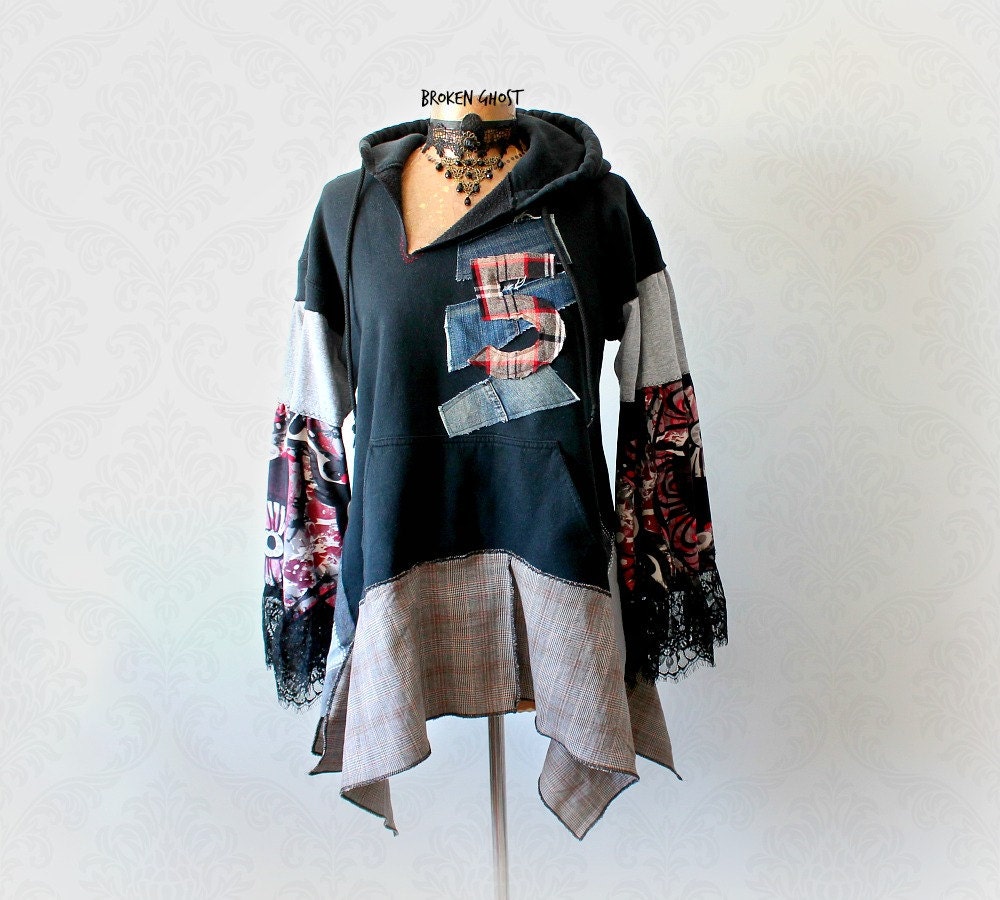 Grunge Hoodie Tattered Clothes Black Rustic Tunic Recycled