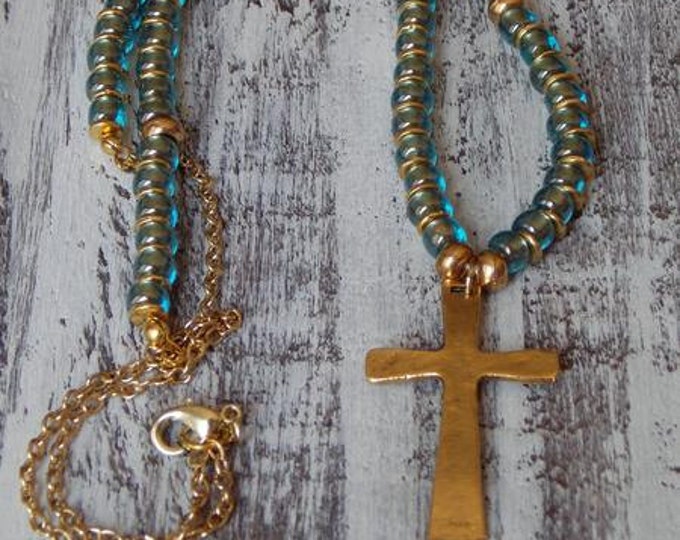 Cross Necklace Gold Pewter Cross Beaded Necklace Blue Czech Glass Beaded Brass Boho Necklace Spiritual Jewelry