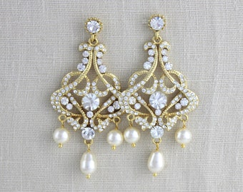 Gold chandelier earrings, Bridal earrings, Crystal Wedding earrings, Wedding jewelry, Statement earrings, Rhinestone earrings, VICTORIA
