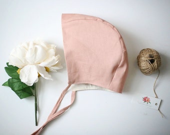 Linen Bonnet, Baby Bonnet, Pink Linen Bonnet, Photography Prop, Baby Hat, Linen Hat, Newborn Hat, Pink Baby Bonnet