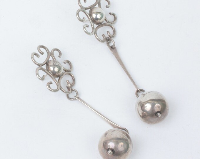 Silver Ball Drop Earrings Long Dangle Earrings Posts