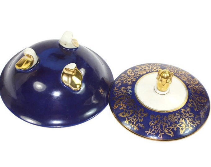 Cobalt Blue Ceramic Dish with Lid Floral Gold Tone Decoration Footed Vintage