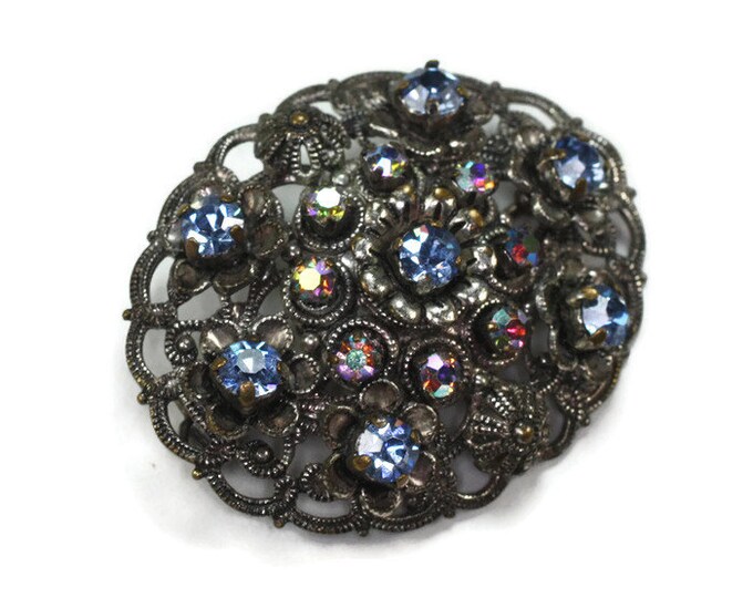Rhinestone Filigree Brooch Pink AB and Blue Stones Signed Germany Vintage