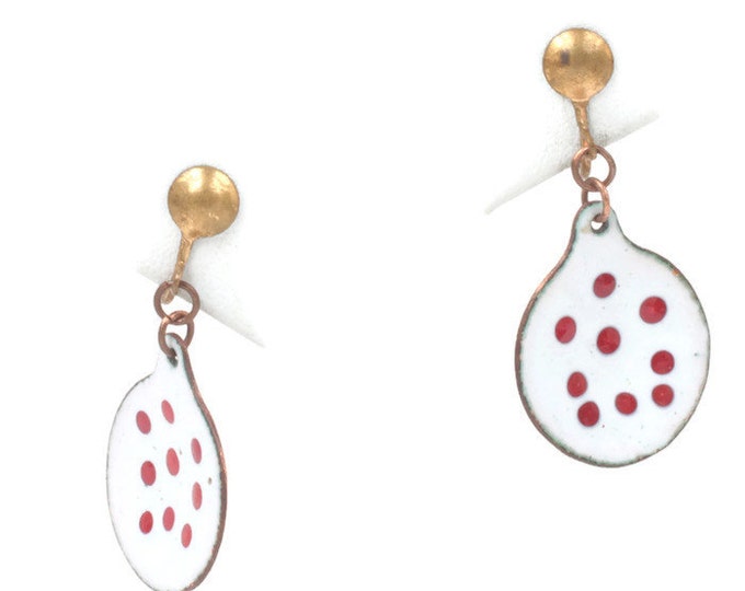Enameled Copper Dangle Earrings Red Dots White Background Vintage Screw Back