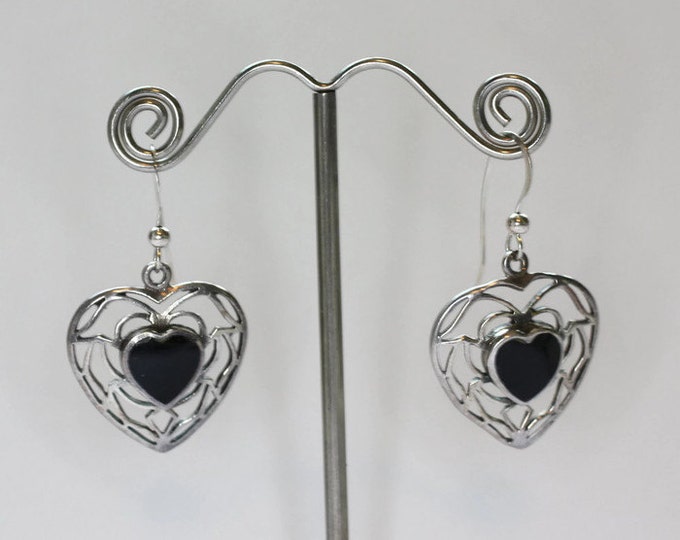 Onyx Heart Dangle Earrings Sterling Silver Pierced Ears Filigree Vintage