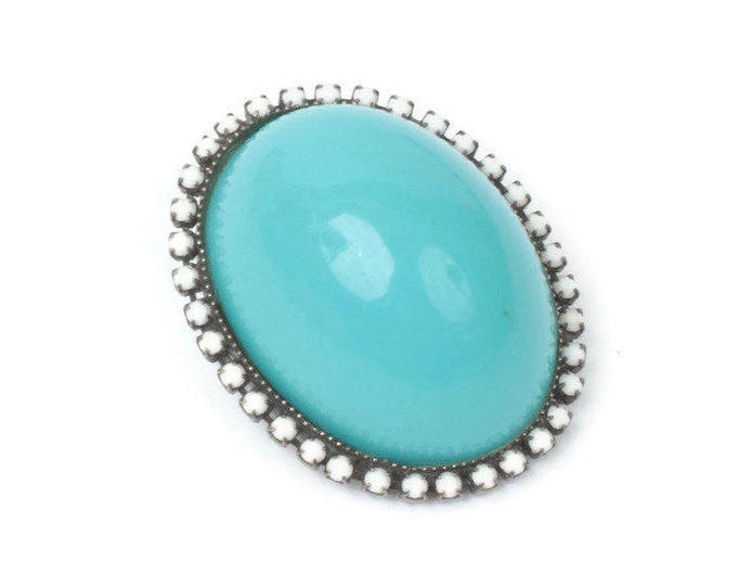 Domed Turquoise Lucite Brooch White Milk Glass Bead Accents Larger Vintage Pin