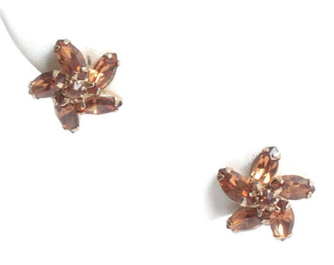 Golden Brown Rhinestone Earrings Pinwheel Clip On Style Autumn Colors Vintage