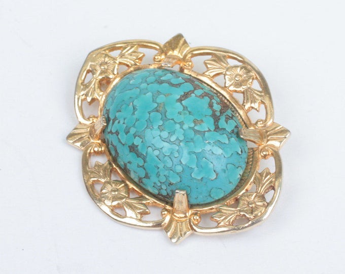 Turquoise Art Glass Cabochon Brooch Floral Gold Tone Setting Vintage