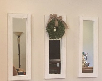 Three 40 x 14 distressed white mirrors - White wash Mirror Collage - Farmhouse Country Decor