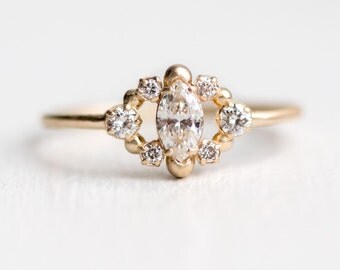 Through the Mist Ring | White Diamond Marquise Engagement Ring in 14k Gold | Elegant Heirloom Diamond Ring | Antique Inspired Design