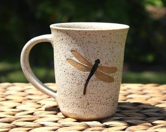 SALE - Ceramic DRAGONFLY Coffee Mug - Handmade Speckled Oatmeal Stoneware Dragonfly Mug - Ready To Ship
