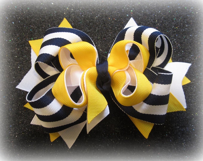 Nautical Bow, Navy Striped Bow, Girls hairbows, Boutique Bow, Yellow Striped hairbow, Navy Blue Bow, Yellow Bows, M2Mg, 5 inch bow, Big Bow