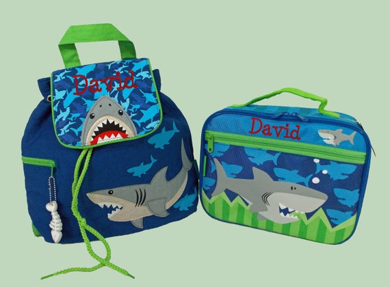 Personalized Stephen Joseph Quilted Backpack and Lunchbox SHARK School Set