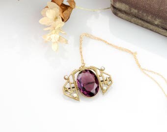 Antique Victorian Pendant Necklace | Gold Filigree Purple Created Amethyst Pendant | Victorian Antique Pendant