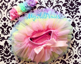 Rainbow Tutu bloomer and headband, baby set , Baby Girl Bloomers, All Around Ruffle Baby Bloomer , diaper cover ,infant, Toddler