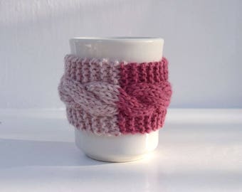 2 color cup cozy cable knit light pink rose knit mug cosy brown button reusable knitted cozy Christmas gift for friend gift under 10