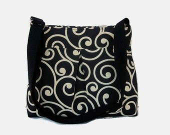 Black Canvas Pleated Crossbody Bag - Black Fabric Messenger Bag - Canvas Cross Body Purse - Adjustable Strap - Shoulder Bag