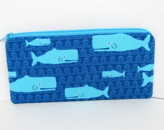 Whale Tale, Long Zippered Pencil Pouch, Cute Whales on Blue