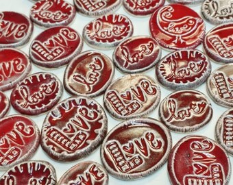 10 Ceramic mini LOVE tiles - all about the LOVE - Mixed designs - glazed - Great for MOSAICS, magnets, jewelry designs, and more