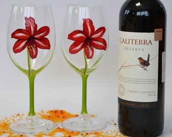 SALE PRICE Set of 2 Hand painted Wine glasses Red Lily for Cosy wine events