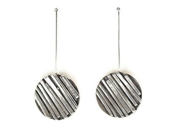 Long Sterling Silver Drop Earrings, Dangle Earrings, Silver Drop Earrings, Geometric Earrings, Lightweight, Sterling Silver, Coin Shaped