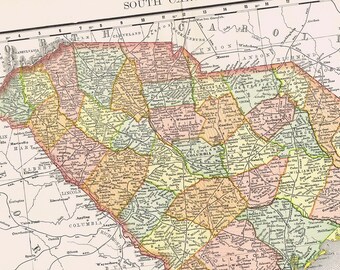 1895 Antique Map of SOUTH CAROLINA, Beautifully Illustrated, Perfect for Framing, Charlotte, Fort Sumter, Hilton Head, shore, east coast