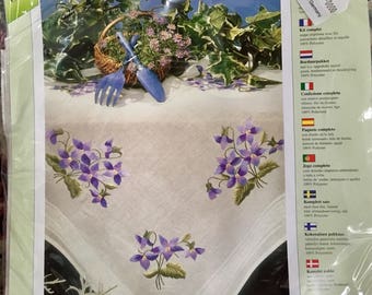 Modell embroidery tablecloth kit NIP violets flowers
