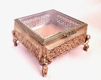 Ornate Gold Italian Beveled Glass Box / Footed Florentine Hollywood Regency Carved Metal Glass Display Box with hinged lid