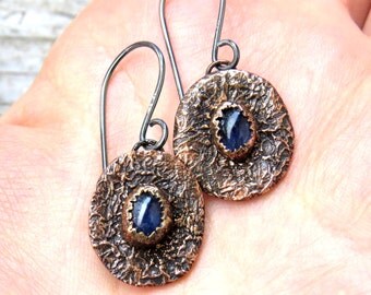 Copper Earrings, Sapphire Earrings, Silver Earrings, Gemstone Earrings, Rustic Earrings, Naturelover Earrings, Organic Earrings, Gift