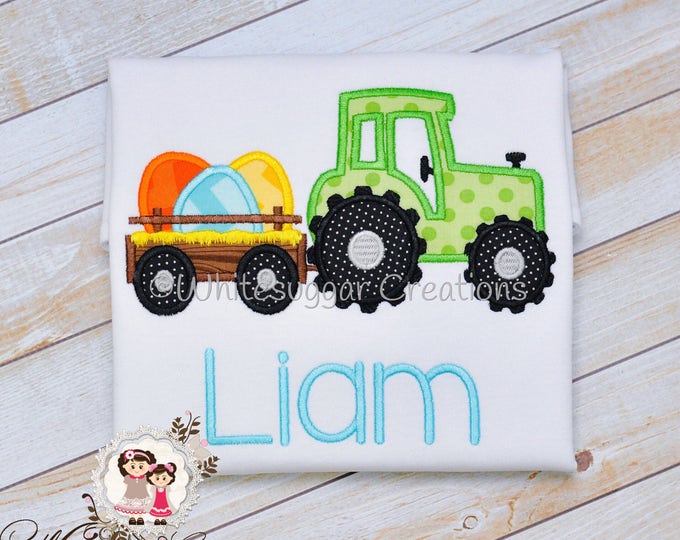 Boy Easter Tractor with Eggs Appliqued Shirt - Custom Easter Truck Personalized shirt - Boys Easter Shirt