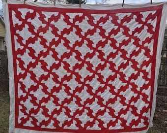 Vintage Red White Quilt Top, cotton, double wrench
