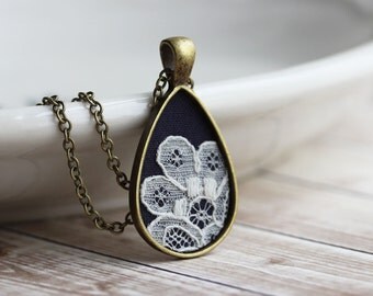 Teardrop Necklace, Lace Jewelry, Cotton, Anniversary Gift, Ivory, Gray Black Tear Drop, Victorian Bridesmaid Pendant