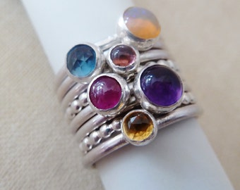 Sterling Silver Stacking Custom Birthstone ring. Zodiac. Ruby. Peridot. Sapphire. Aquamarine. Turquoise. Garnet. Metalwork. Gift. Mom. Wife