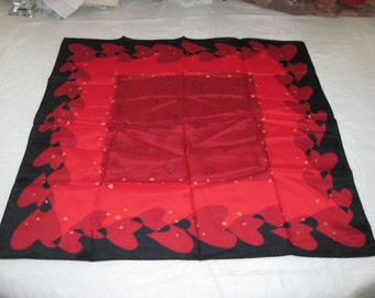 Vintage Elaine Gold Silk Heart Valentine Design Scarf Red & Black 21" by 21" Square
