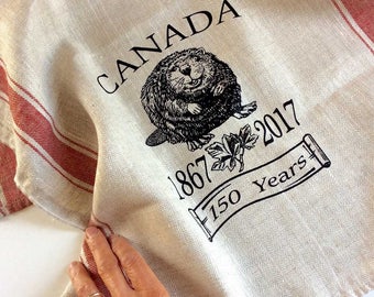 Canada 150 Tea Towel, Vintage-Style Linen Dish Towel, Screen Print Beaver Tea Towel