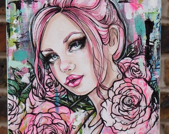 Original Acrylic Painting 8x10 " Rose Quartz" - Pink hair pin up girl with roses tattoo art lowbrow gift